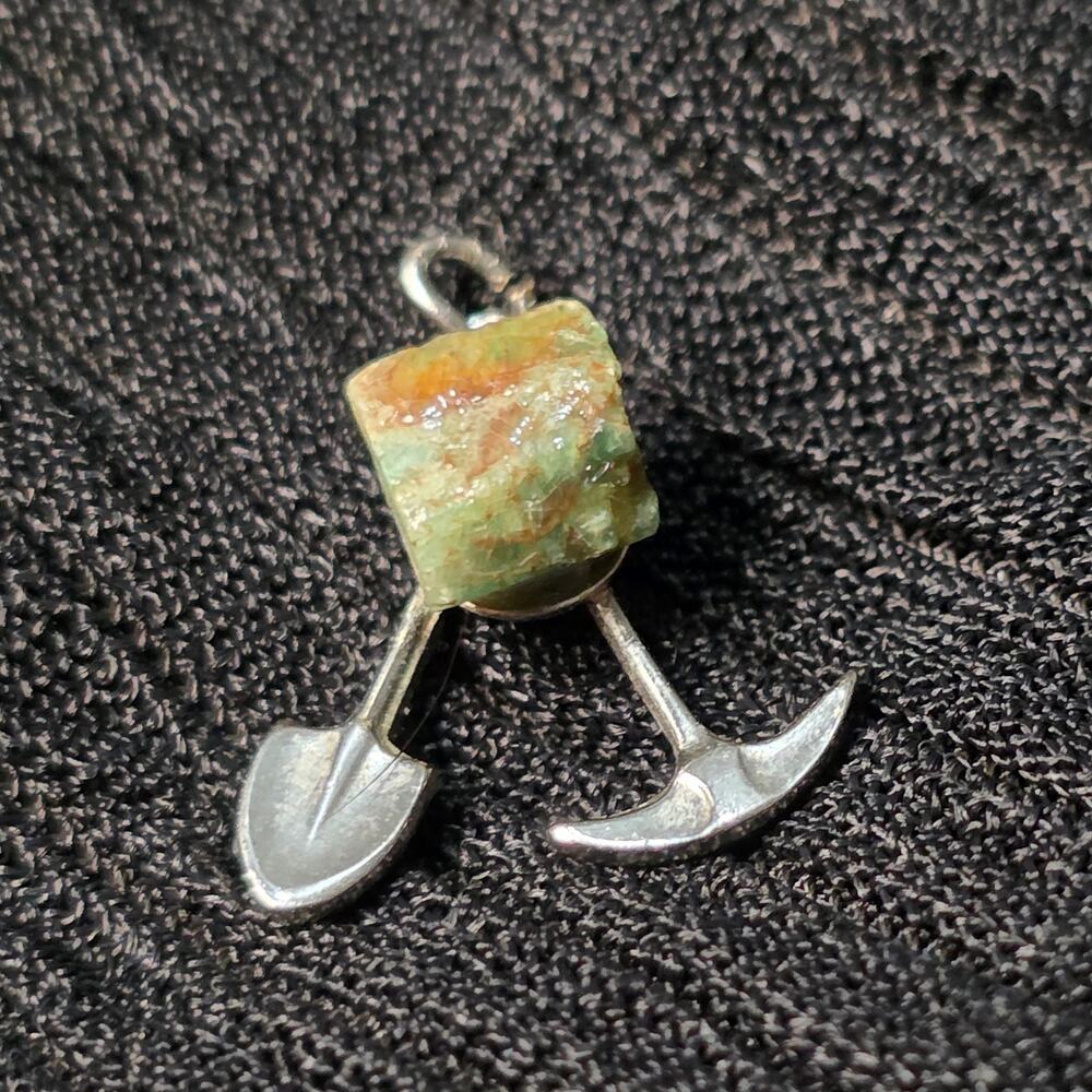 Vintage Silver Tone Pickaxe and Shovel Mining Charm with Green Brown Stone